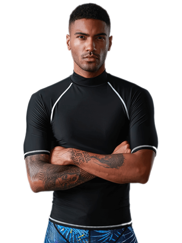 Man wearing black sports elastic beach t-shirt for water sports, short sleeve, UPF 50+, ideal for diving and surfing.